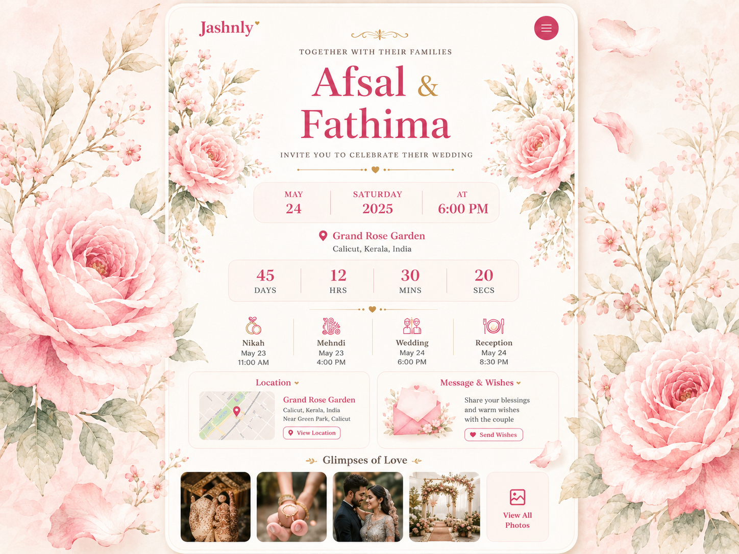 Desktop screen showing a floral wedding invitation preview